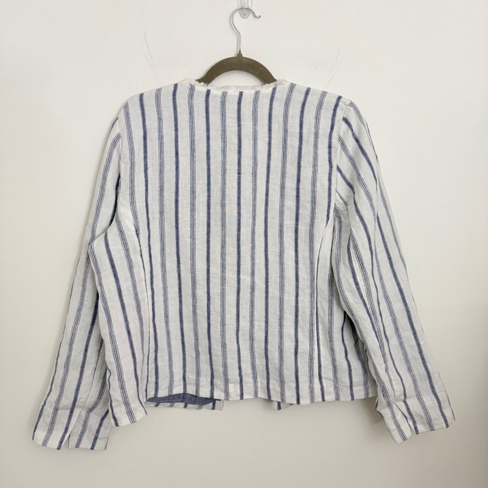 Chicos Blue White Striped‎ Linen Open Front Jacket Frayed Trim Size 2 US 12 - Picture 8 of 10